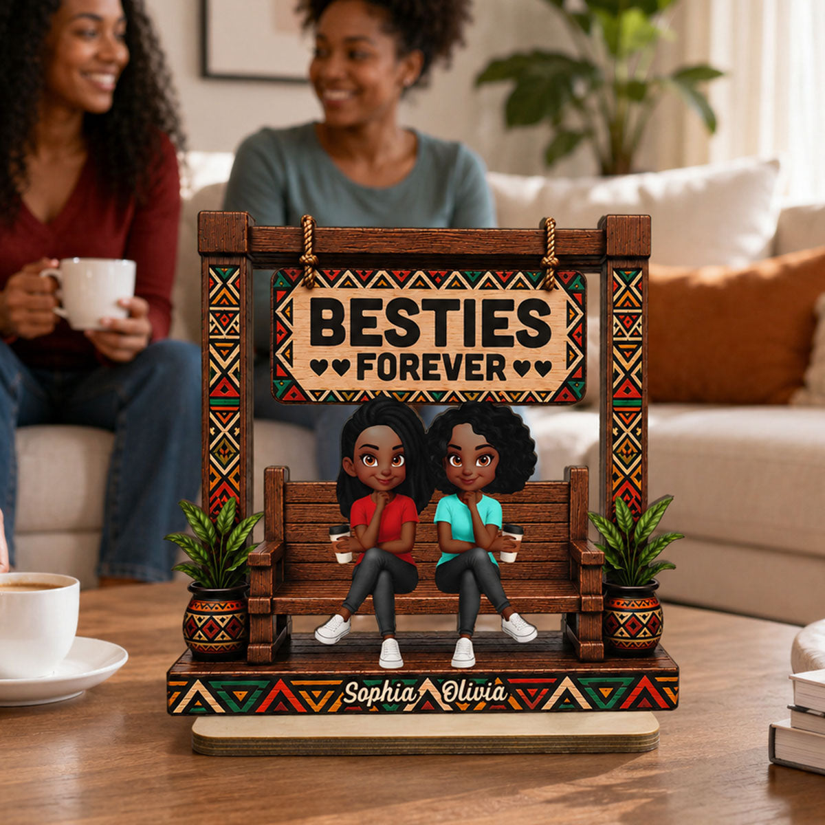 Tribal Patterns Besties Forever - Personalized 2-Layered Wooden Plaque - Birthday Gift, Gift For Best Friends