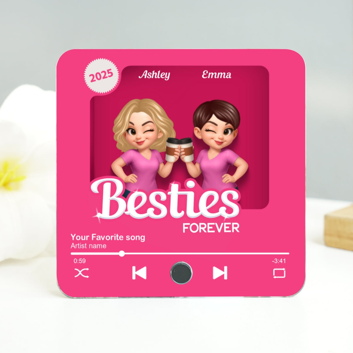 Besties Partner In Crime Pink 3D Effect Action Figure - Personalized Music Fridge Magnet