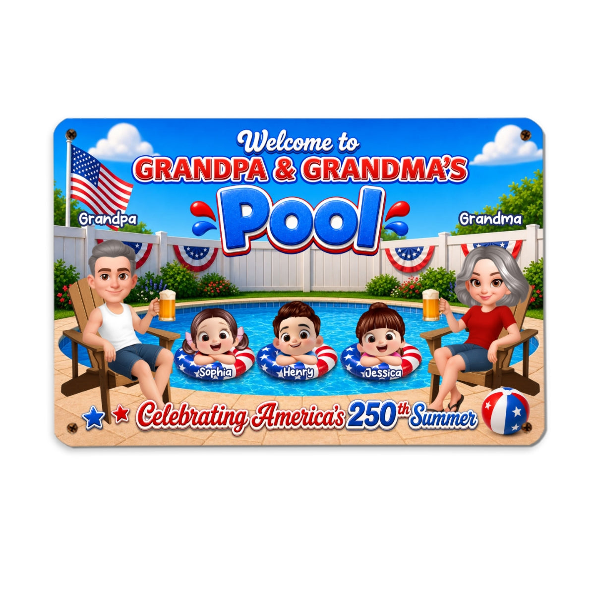 Welcome To Grandma Grandpa Pool America 250th Anniversary - Personalized Metal Sign - Gift For Grandparents, Summer Decoration