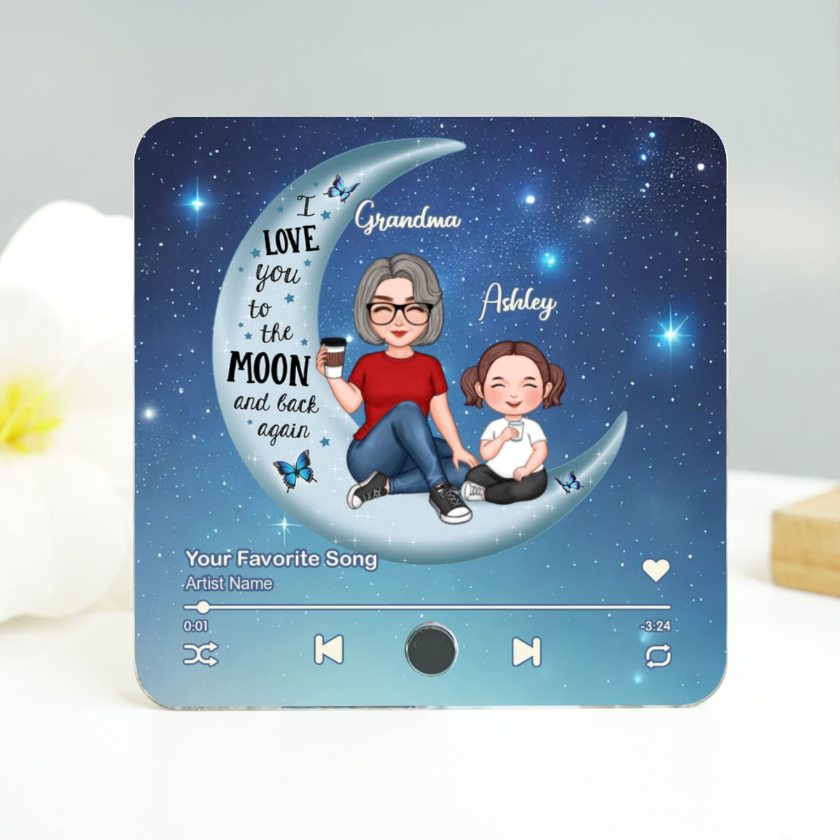 Cute Grandma Grandkids On Moon Personalized Music Fridge Magnet, Heartfelt 2025 Gift Birthday Gift For Mom For Grandma