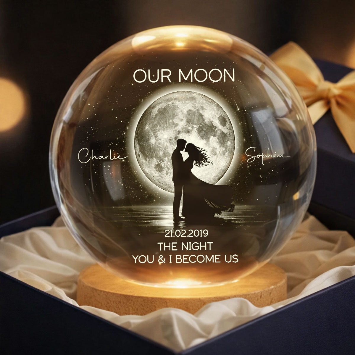 Couple Kissing Under the Moonlight, Custom Moon Phase by Date - Personalized Crystal Ball LED Night Light - Sentimental Gift for Her, for Him