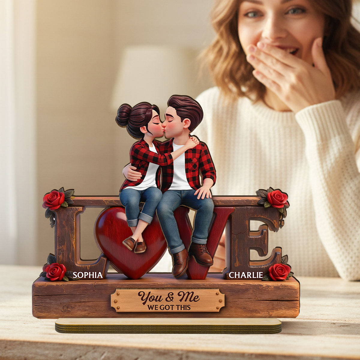 Eternal Rose LOVE Couple Forever Together - Personalized 2-Layered Wooden Plaque - Heartfelt Gift For Couple, For Him, For Her