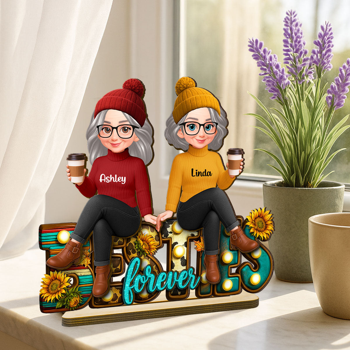 Western Fall Vibe Besties Sitting - Personalized 2-Layered Wooden Plaque - Meaningful Gift For Best Friend