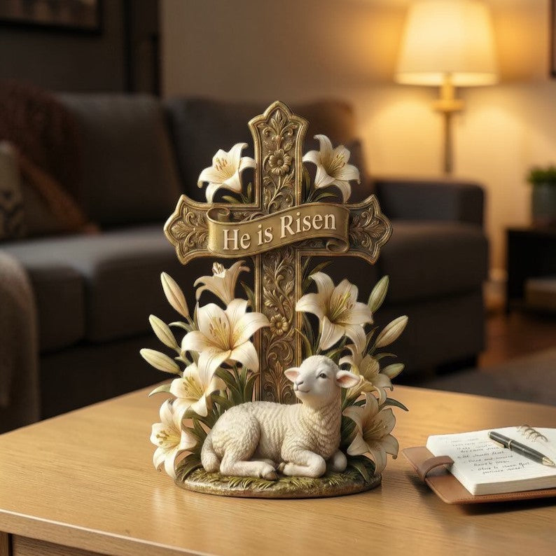 He Is Risen Easter Cross Statue with Lamb & Lily flat 2D Wooden Block - Resurrection Scene Christian Figurine - Pastor Gift.