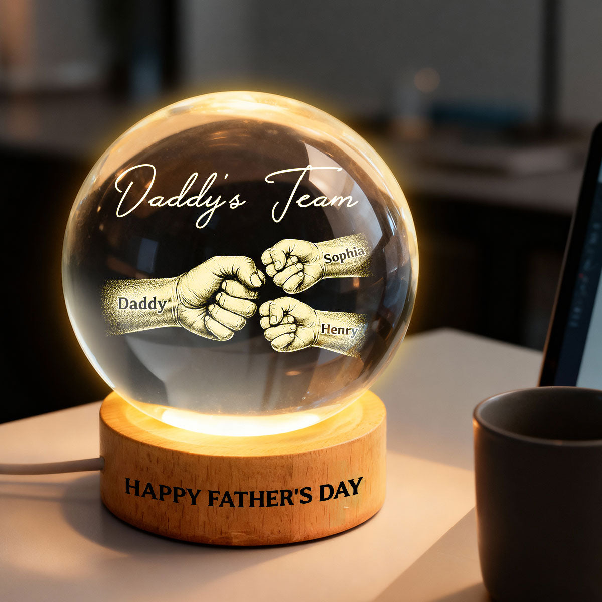 Daddy's Team Fist Bump - Personalized Crystal Ball LED Night Light -  Gift For Dad, Husband
