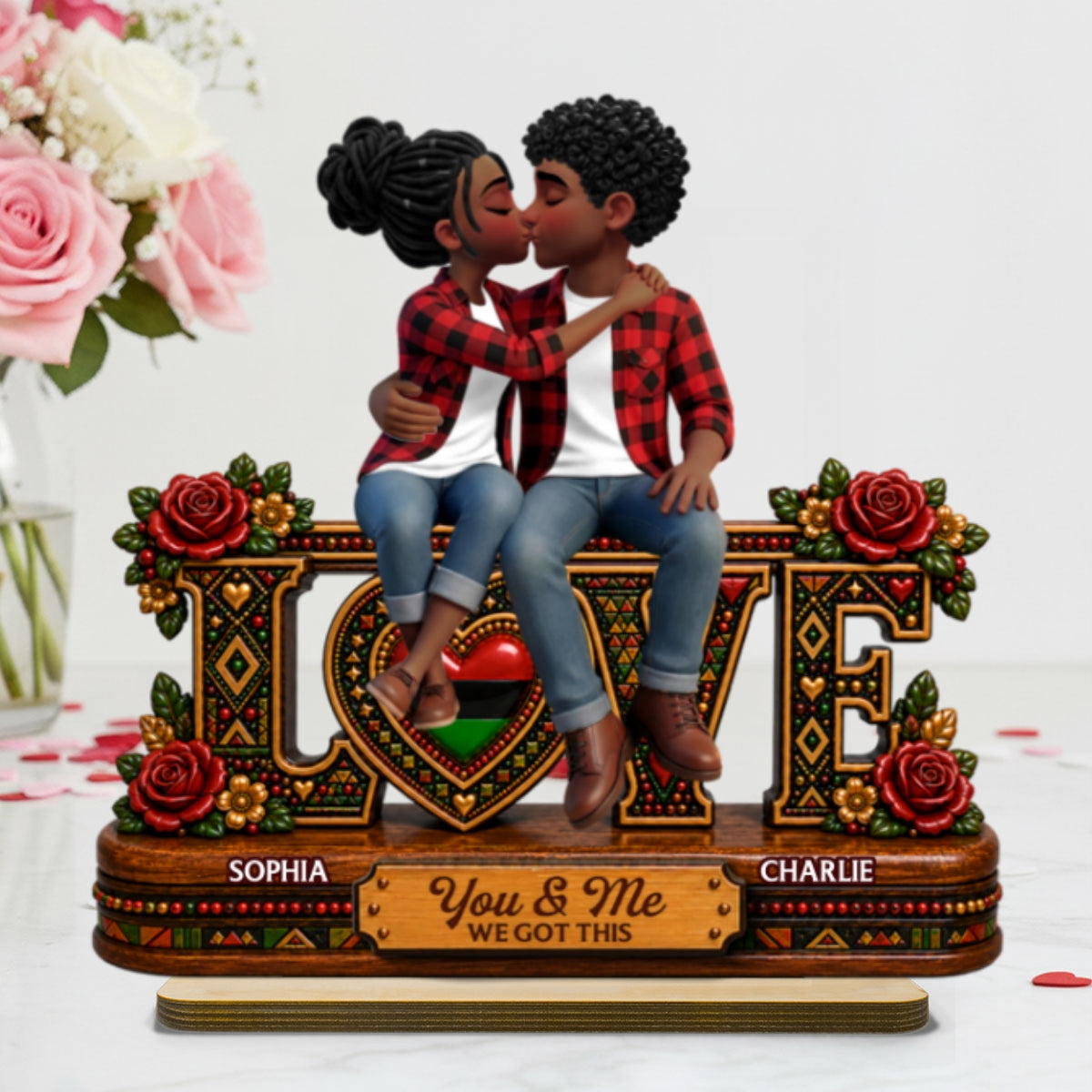 Tribal Pattern Eternal Love Couple Together - Personalized 2-Layered Wooden Plaque - Anniversary Gift For Couple