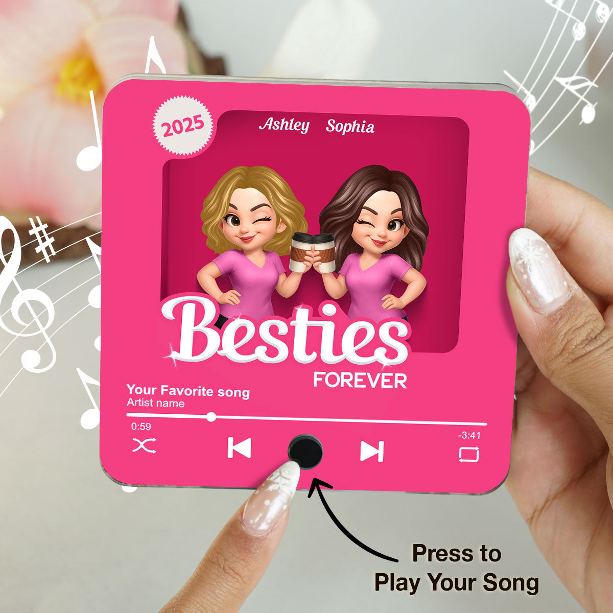 Besties Partner In Crime Pink 3D Effect Action Figure - Personalized Music Fridge Magnet