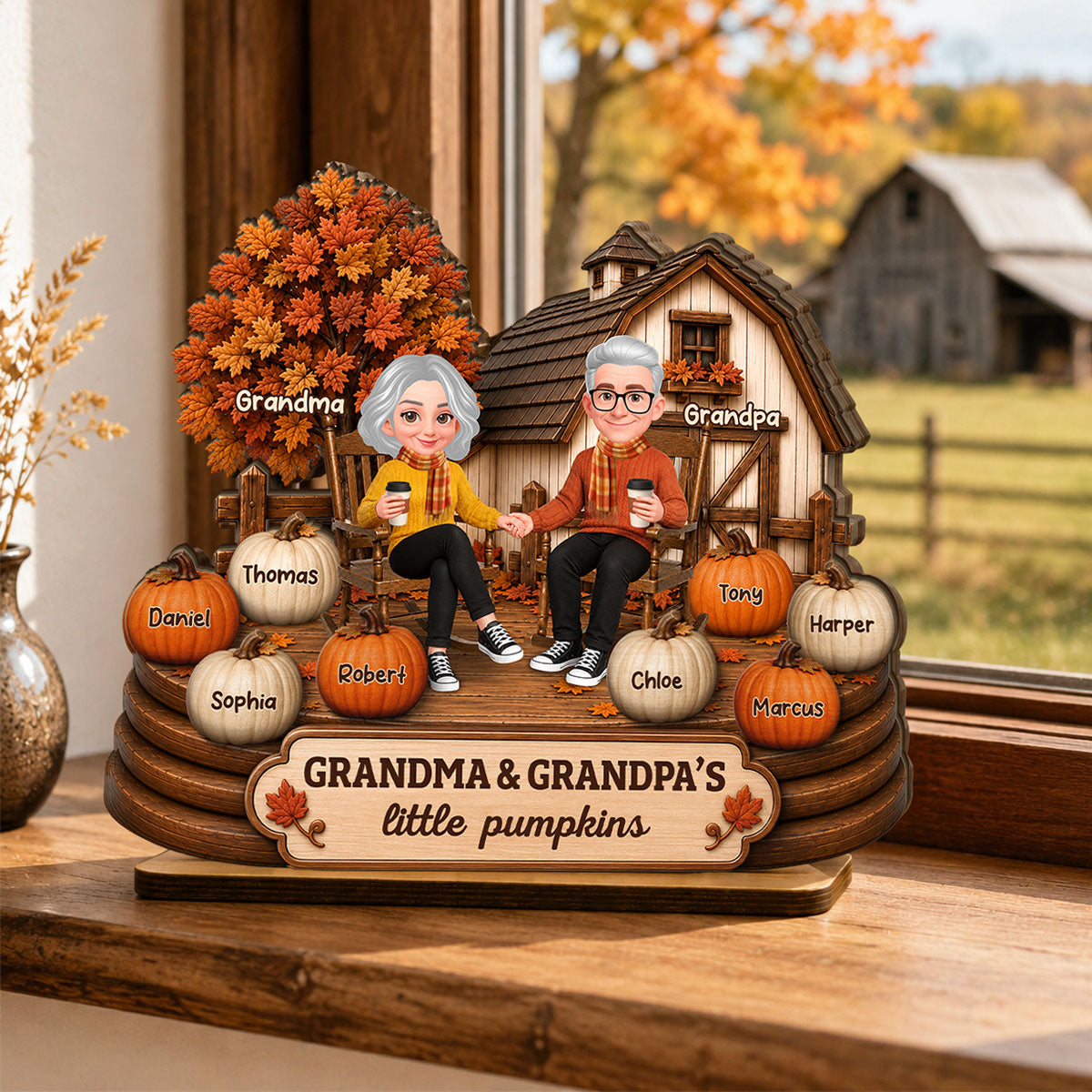 Fall Season Cozy Warm Farmhouse Style Grandma Grandpa Little Pumpkins - Personalized 2-Layered Wooden Plaque - Fall Decor For Grandparents