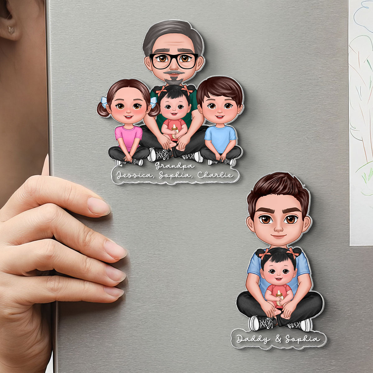 Forever Love Dad Grandpa Sitting With Kids - Personalized Acrylic Fridge Magnet - Father's Day Gift For Dad, Husband, Grandpa
