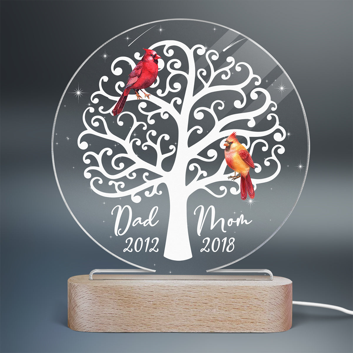 Dad Mom Cardinals Memorial Personalized Circle Plaque LED Night Light