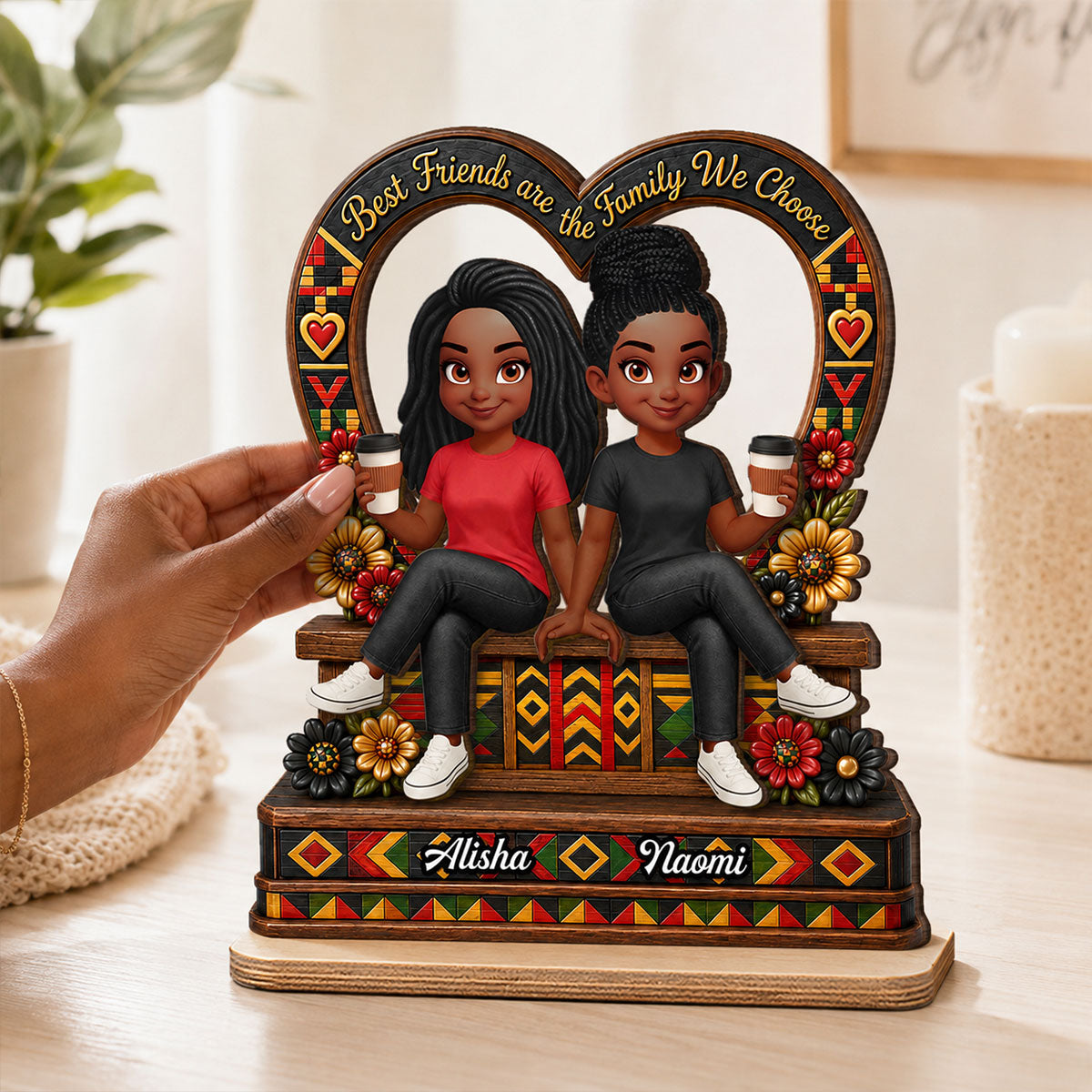Tribal Pattern Besties Heart - Personalized 2-Layered Wooden Plaque - Birthday Gift, Gift For Best Friends