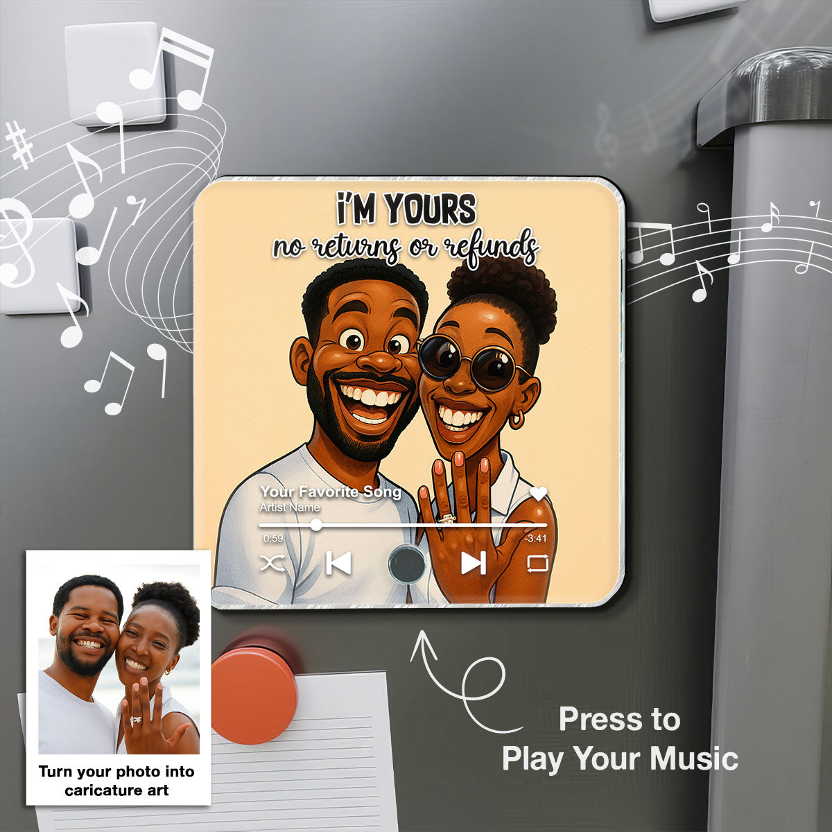 Caricature Couple Photo Personalized Music Fridge Magnet, Anniversary, Birthday, Just Because Gift for him, Gift for her