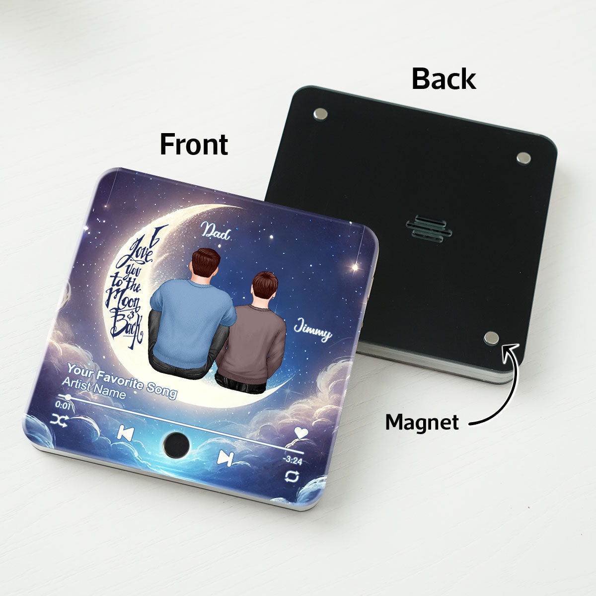 Papa Grandpa & Kids Sitting On Moon Personalized Music Fridge Magnet, Perfect 2025 Father's Day Gift For Husband, For Dad, For Grandpa