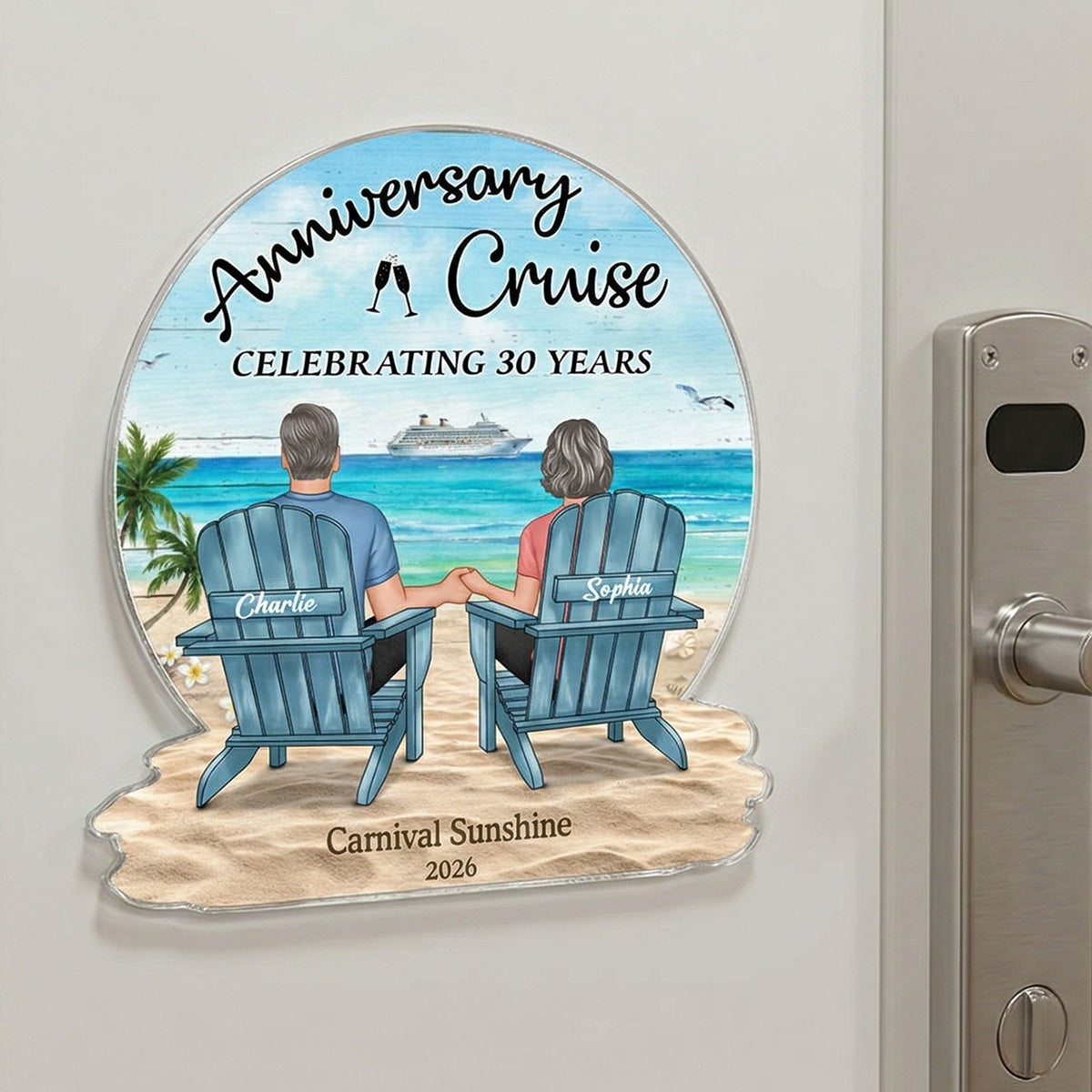 Celebrating Anniversary Couple Back View At The Beach - Personalized Cruise Cabin Door Magnet - Anniversary Cruise Keepsake