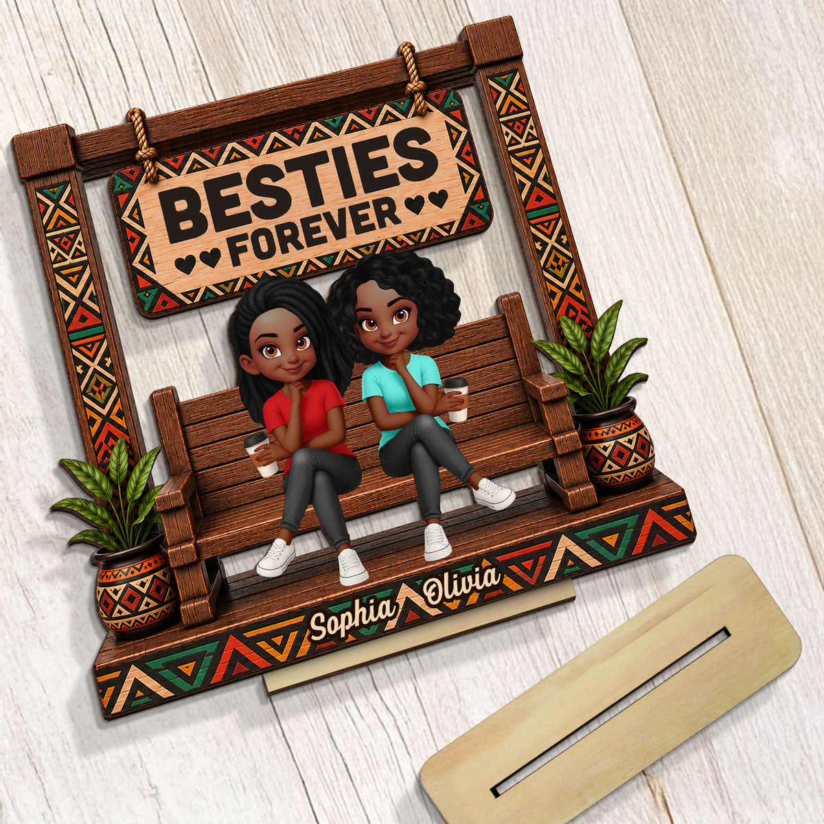 Tribal Patterns Besties Forever - Personalized 2-Layered Wooden Plaque - Birthday Gift, Gift For Best Friends