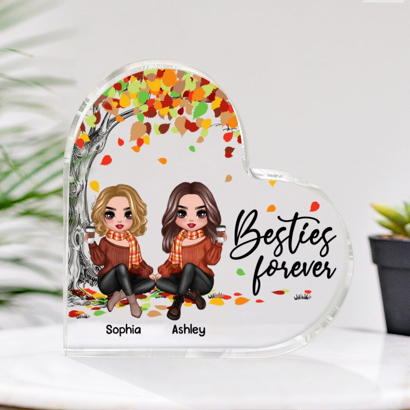 Besties Sisters Under Colorful Fall Season Tree Personalized Heart Acrylic Plaque