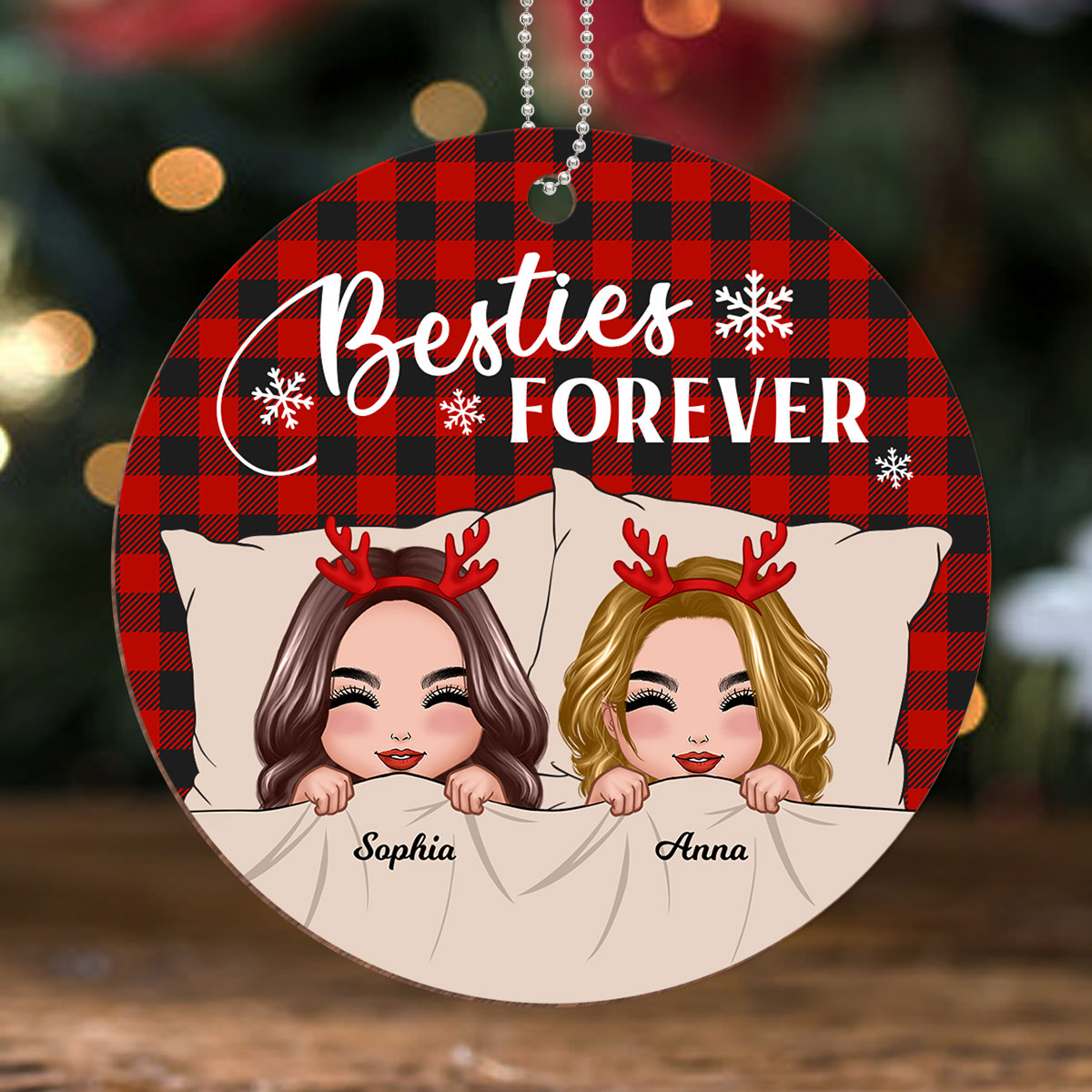 Checkered Pattern Doll Besties Snuggle In Blanket Christmas Personalized Wooden Ornament