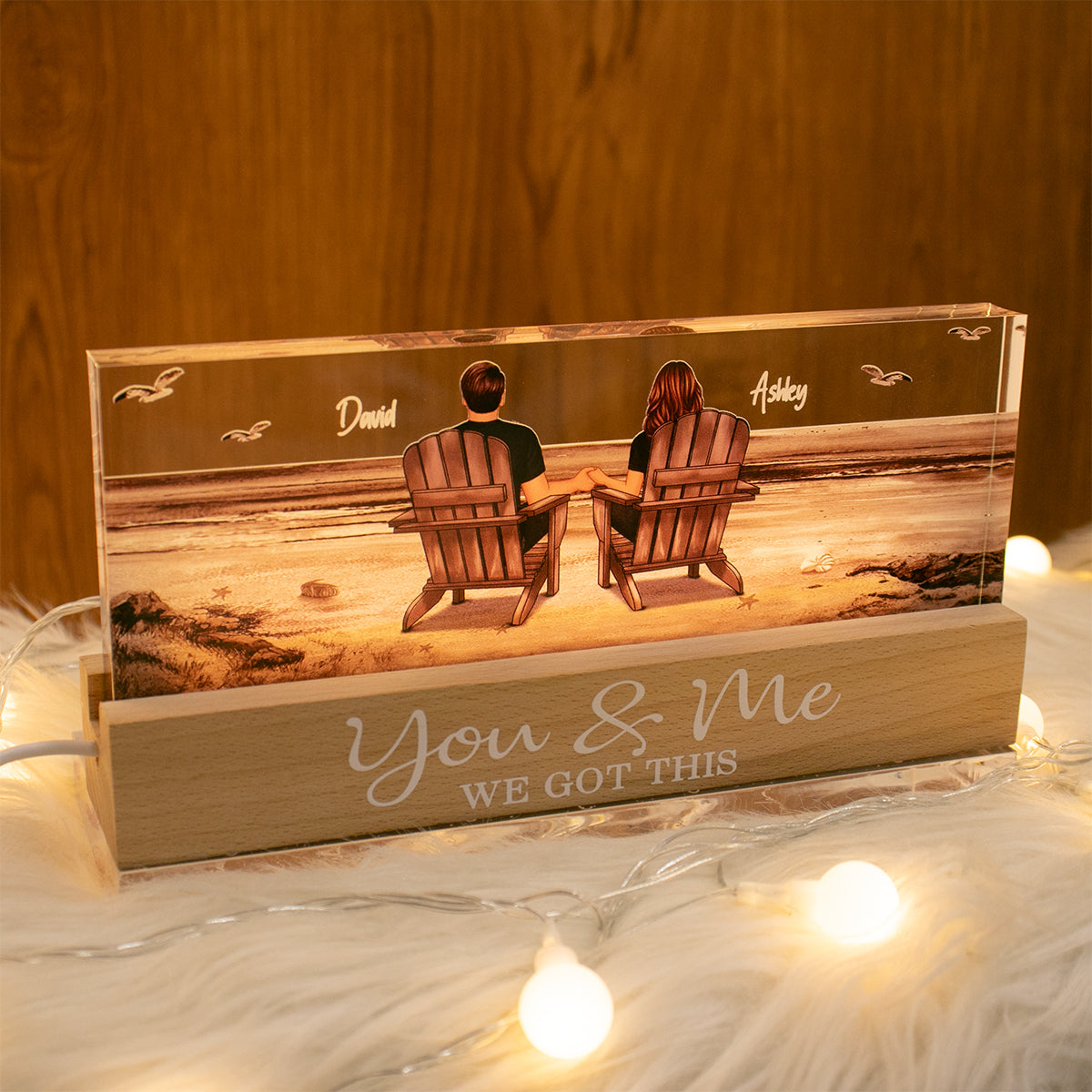 Couple Sitting At Beach Retro - Personalized Acrylic Block Plaque LED Night Light - Anniversary Gift For Couple, For Dad Mom