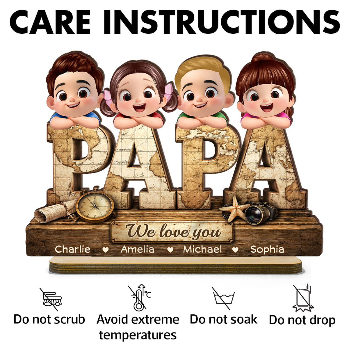 Papa We Love You - Personalized 2-Layered Wooden Plaque - Sentimental Gift for Grandpa, Dad, Husband
