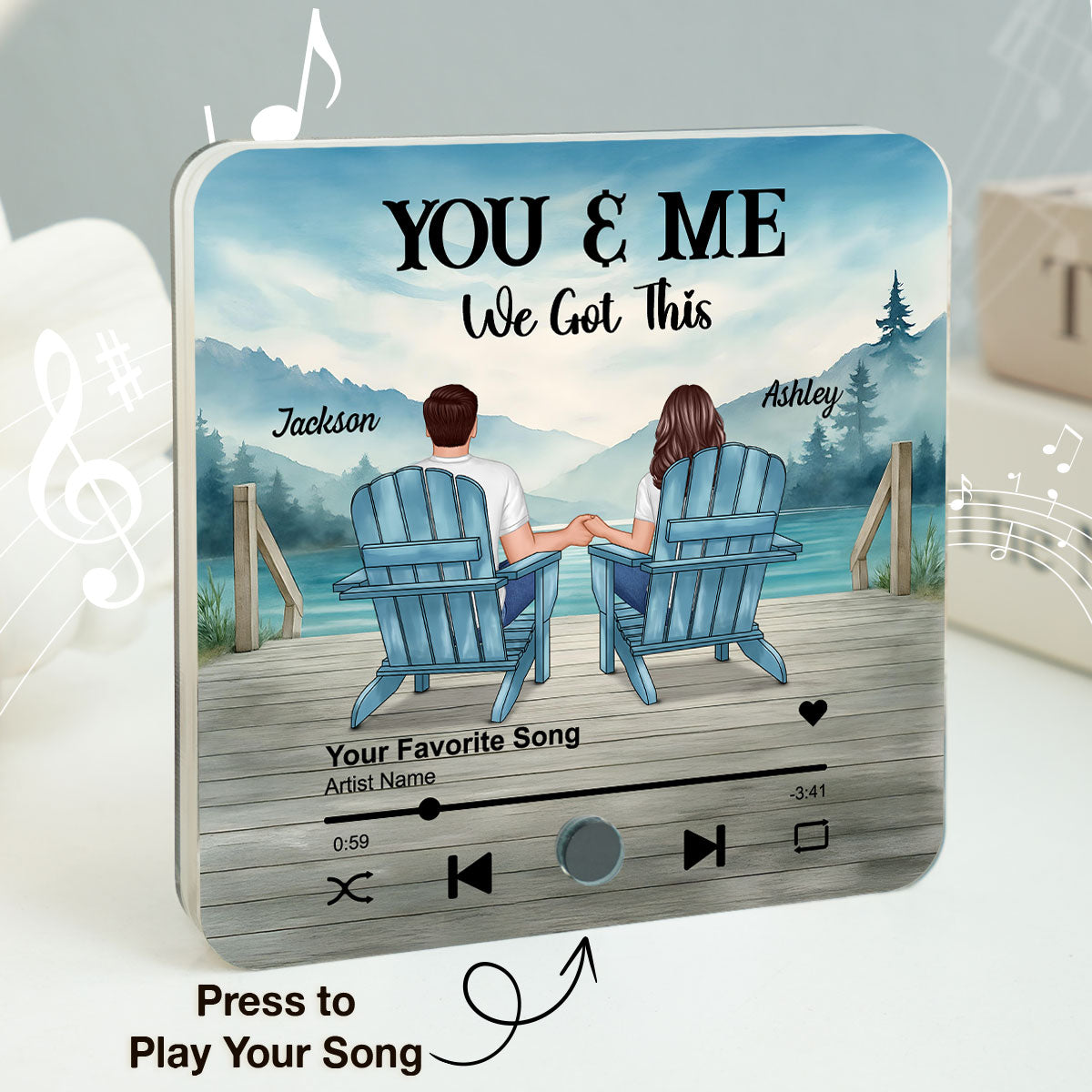 Lakeside Mountain Landscape Couple Back View Personalized Music Fridge Magnet, Anniversary Gift for Him for Her