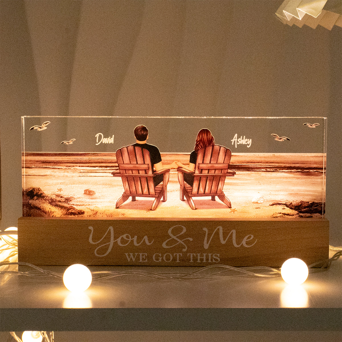 Couple Sitting At Beach Retro - Personalized Acrylic Block Plaque LED Night Light - Anniversary Gift For Couple, For Dad Mom