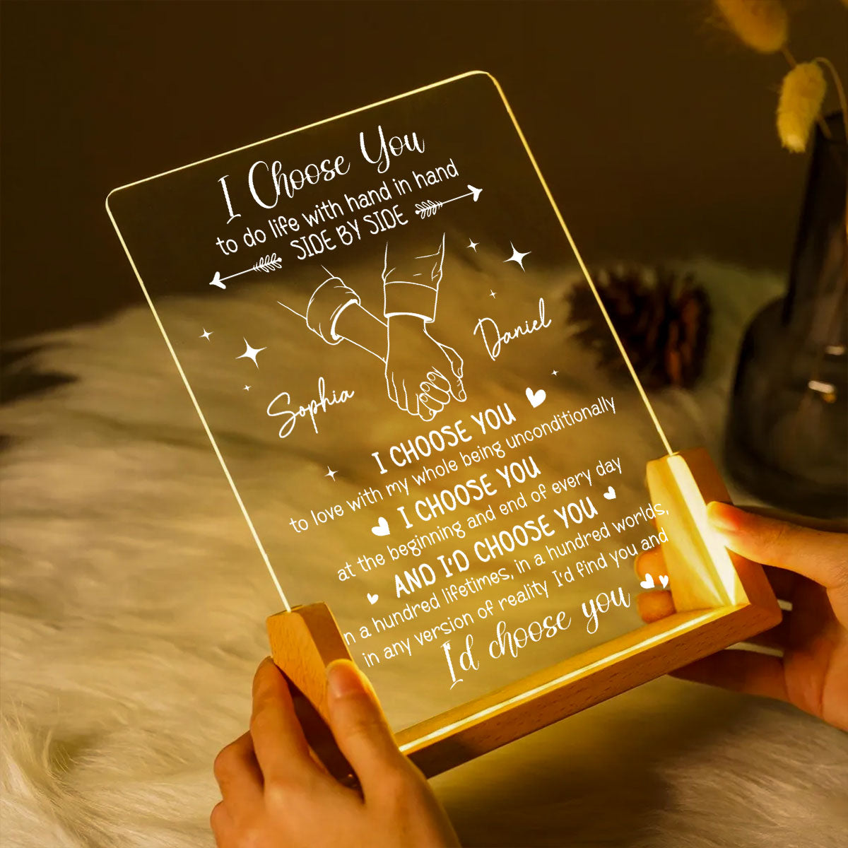 Romantic I Choose You Hand In Hand - Personalized Acrylic LED Night Light - Wedding Anniversary Gift For Couple
