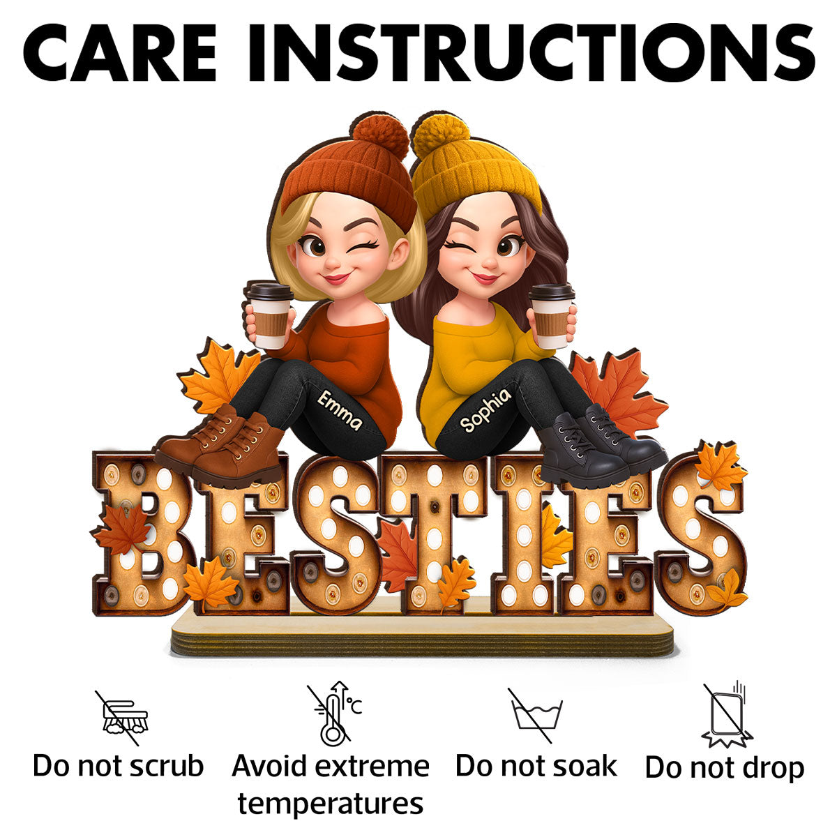 Fall Besties Sitting On Text Marquee Effect - Personalized 2-Layered Wooden Plaque - Meaningful Gift For Best Friend