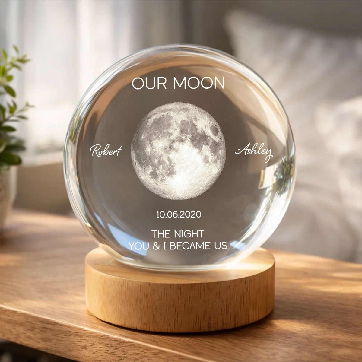 Personalized Moon Phase Crystal Ball Night Light - Custom Date Gift for Mom & Her - Unique Anniversary or Birthday Keepsake