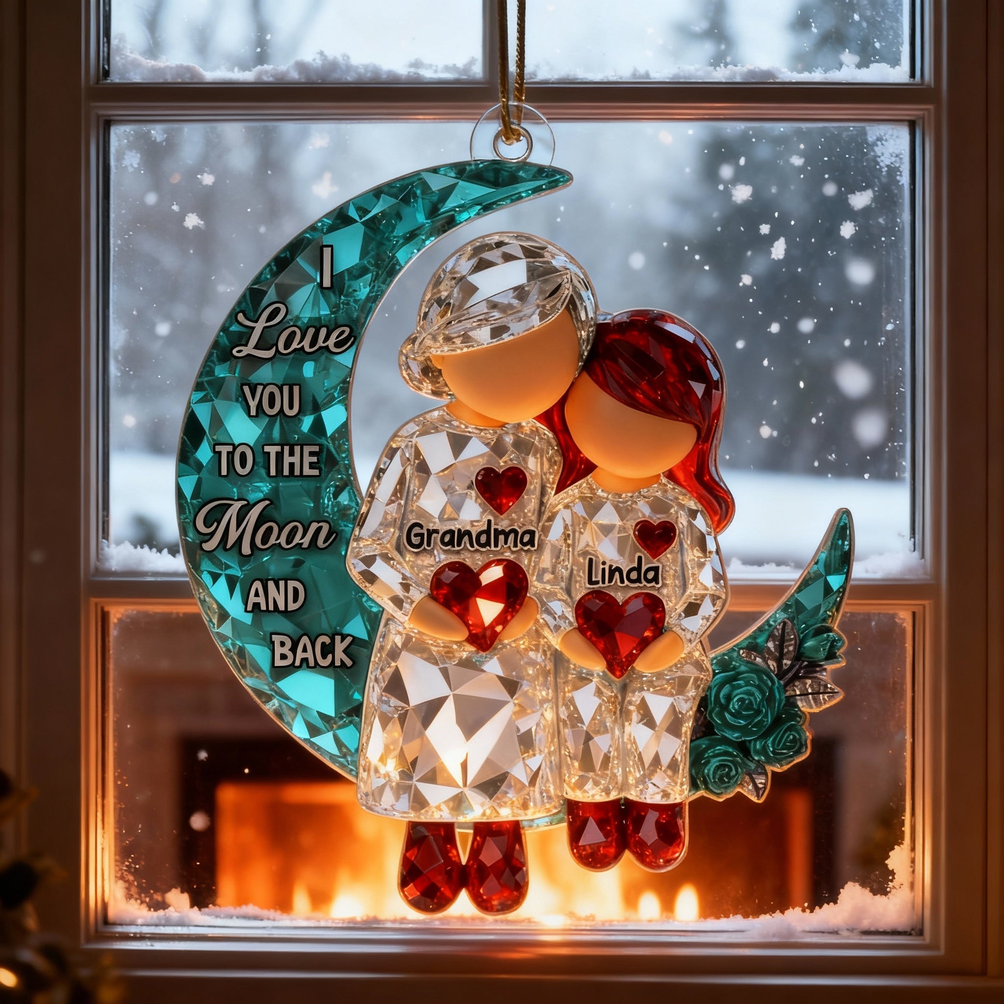 3D Crystal Effect Grandma Grandpa Grandkid Sitting on Moon  - Personalized Acrylic Ornament - Christmas Gift for Grandma, Grandkids