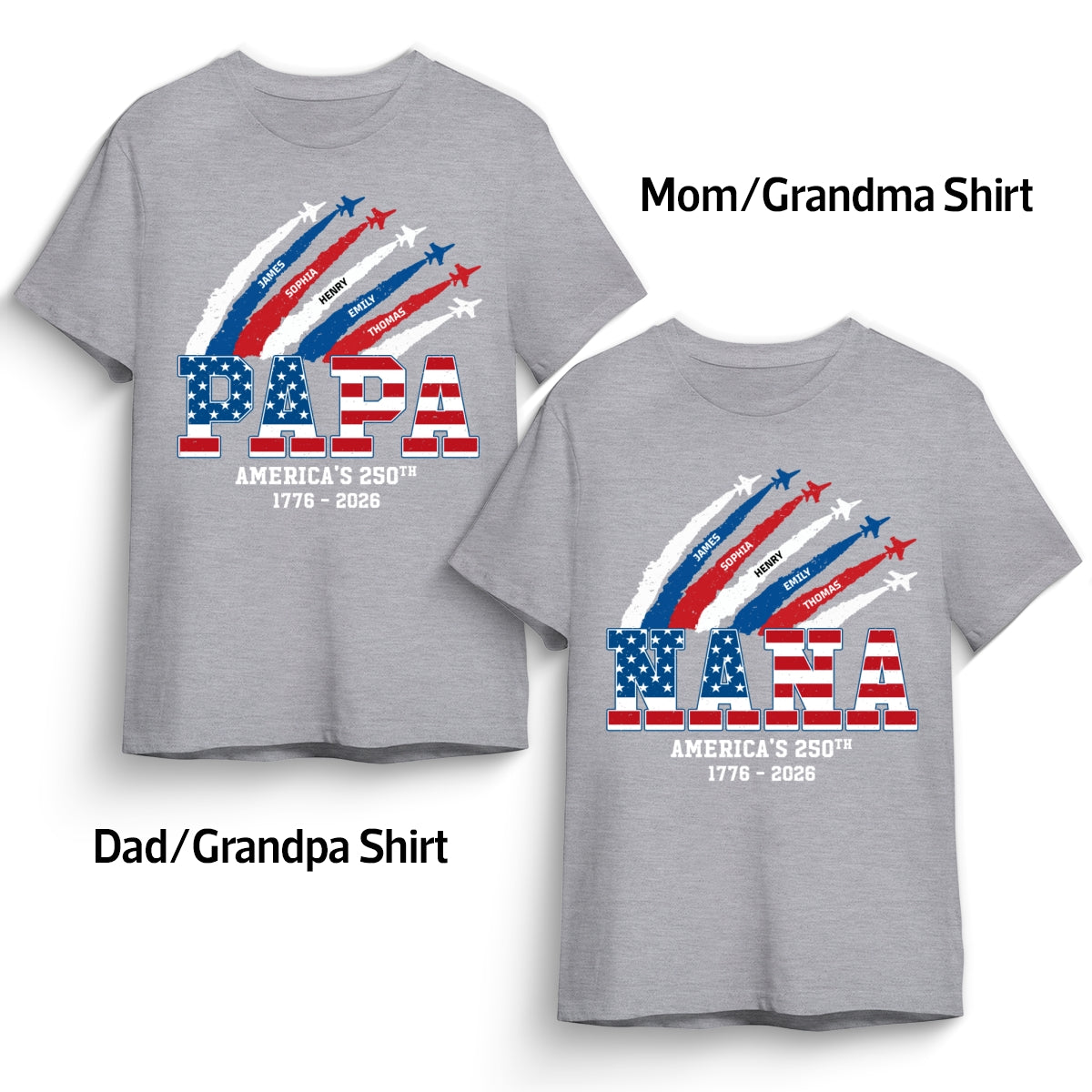 Proud Grandma Grandpa Nation Flag America 250th Anniversary - Personalized Set Of 2 Shirts - 250 Years Of Freedom Celebration, Matching Shirts