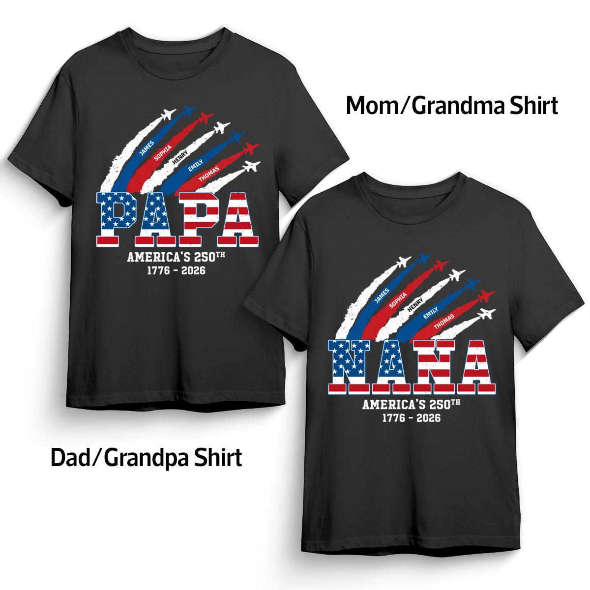 Proud Grandma Grandpa Nation Flag America 250th Anniversary - Personalized Set Of 2 Shirts - 250 Years Of Freedom Celebration, Matching Shirts