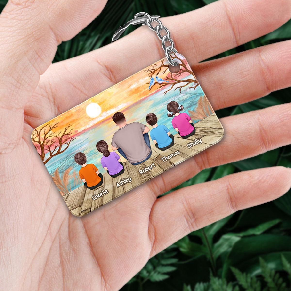 Lake View Best Dad Ever Back View Man Sitting With Kids Dogs Cats Personalized Acrylic Keychain