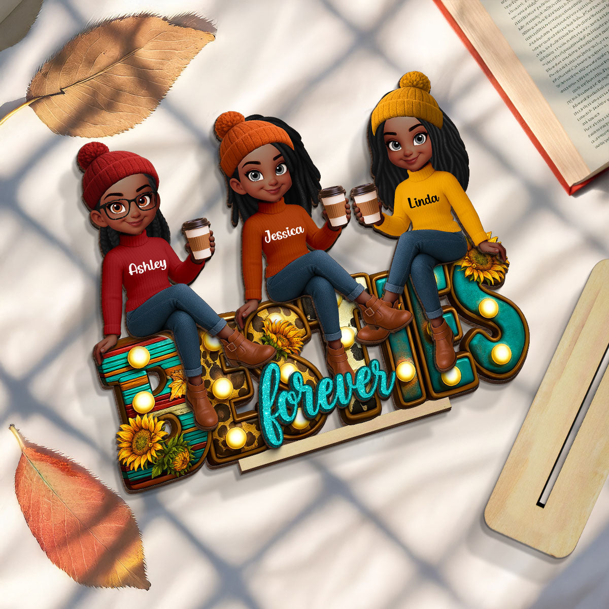 Western Fall Vibe Besties Sitting Personalized Standing Wooden Plaque, Fall Gift for Best Friends