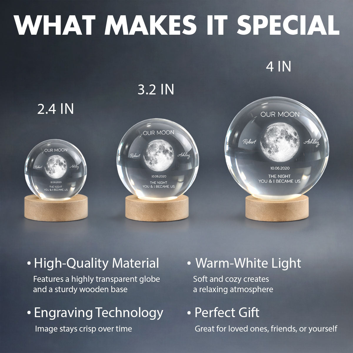 Our Moon Special Date, Custom Moon Phase by Date - Personalized Crystal Ball Night Light - Heartfelt Anniversary Gift for her, for him
