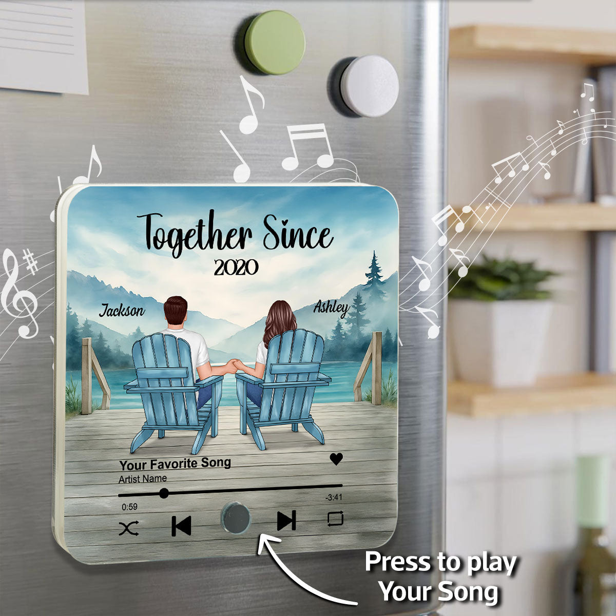 Lakeside Mountain Landscape Couple Back View Personalized Music Fridge Magnet, Anniversary Gift for Him for Her