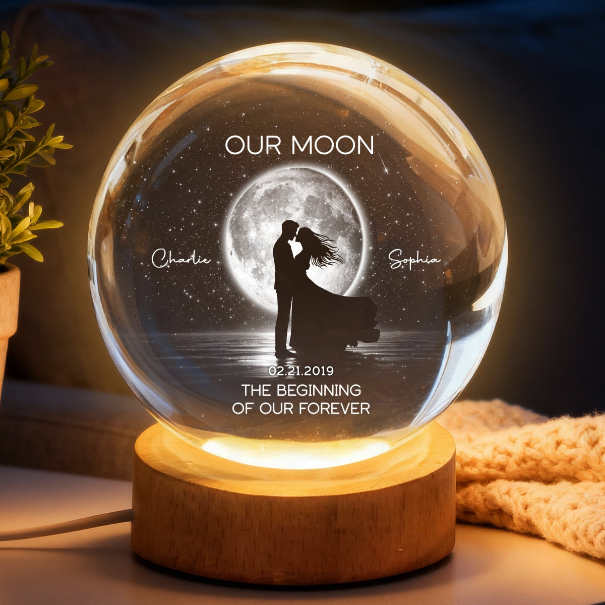 Couple Kissing Under the Moonlight, Custom Moon Phase by Date - Personalized Crystal Ball LED Night Light - Sentimental Gift for Her, for Him