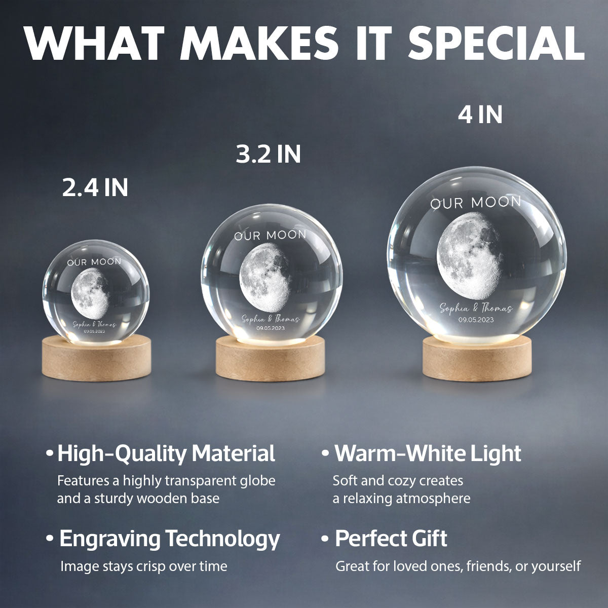 Our Moon Special Day Custom Moon Phase - Personalized Crystal Ball LED Night Light - Heartfelt Gift For Couple