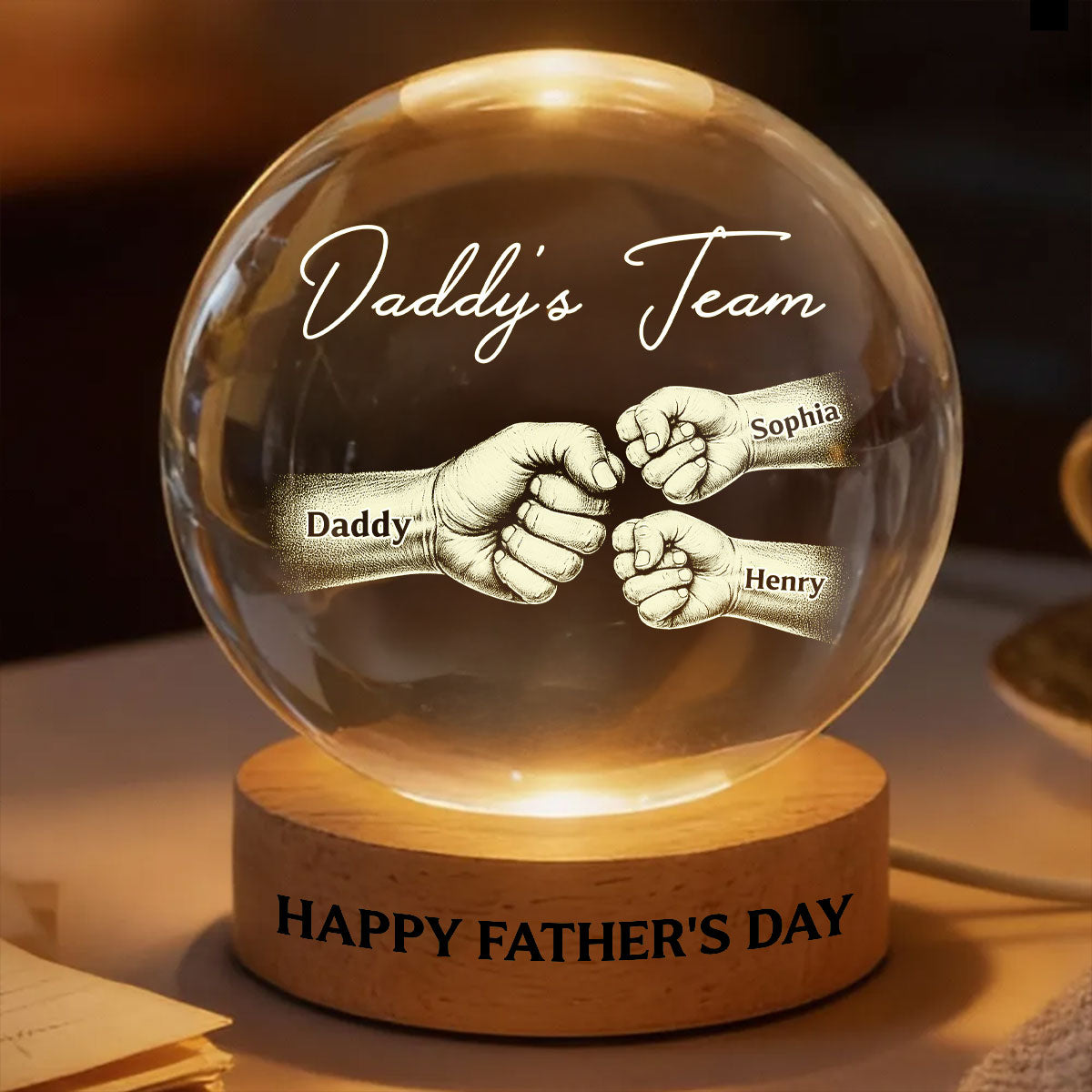 Daddy's Team Fist Bump - Personalized Crystal Ball LED Night Light -  Gift For Dad, Husband