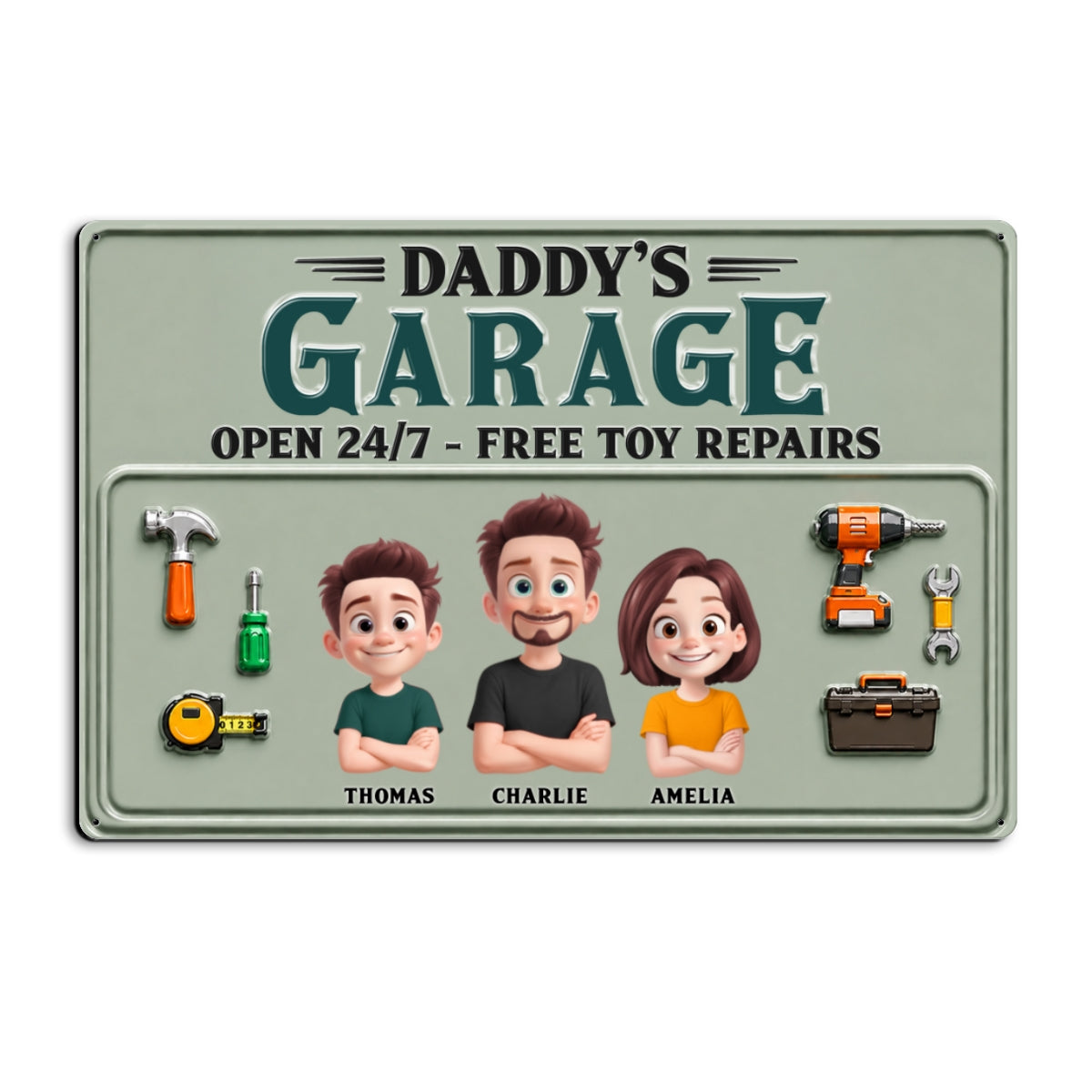 Dad's Garage Open 24/7 Free Toy Repairs - Personalized Metal Sign - Heartfelt Gift For Dad, Grandpa, Husband
