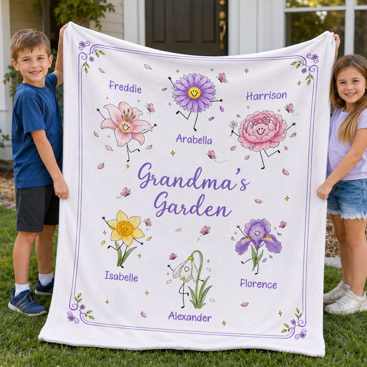 Grandma's Garden Cute Doodle Birth Month Flowers - Personalized Fleece Blanket - Gift For Grandma