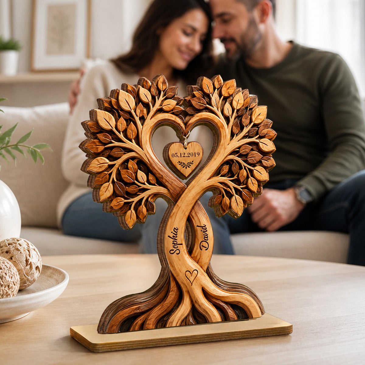 Couple Heart Tree - Personalized 2-Layered Wooden Plaque - Anniversary Gift for Him, Gift for Her