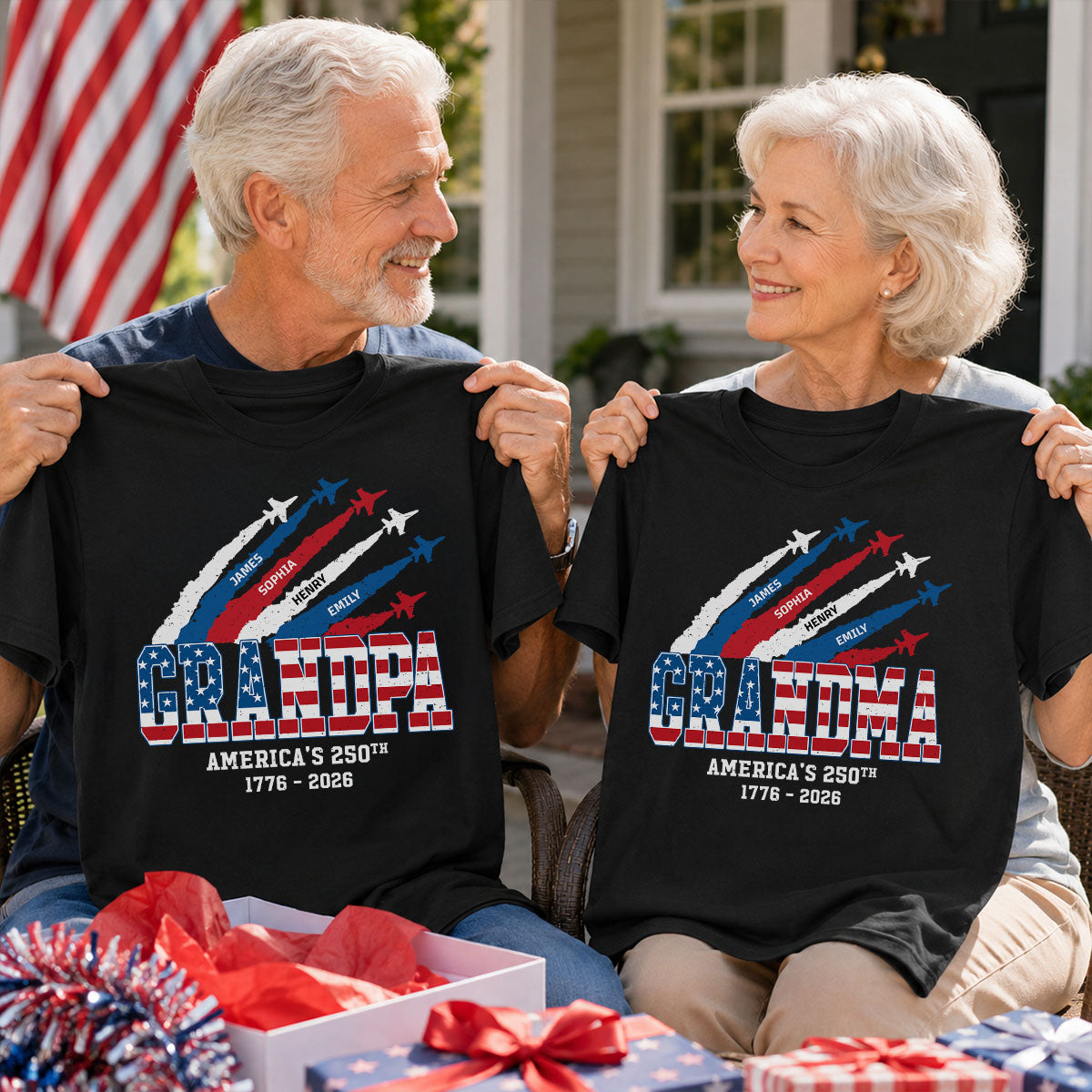 Proud Grandma Grandpa Nation Flag America 250th Anniversary - Personalized Set Of 2 Shirts - 250 Years Of Freedom Celebration, Matching Shirts