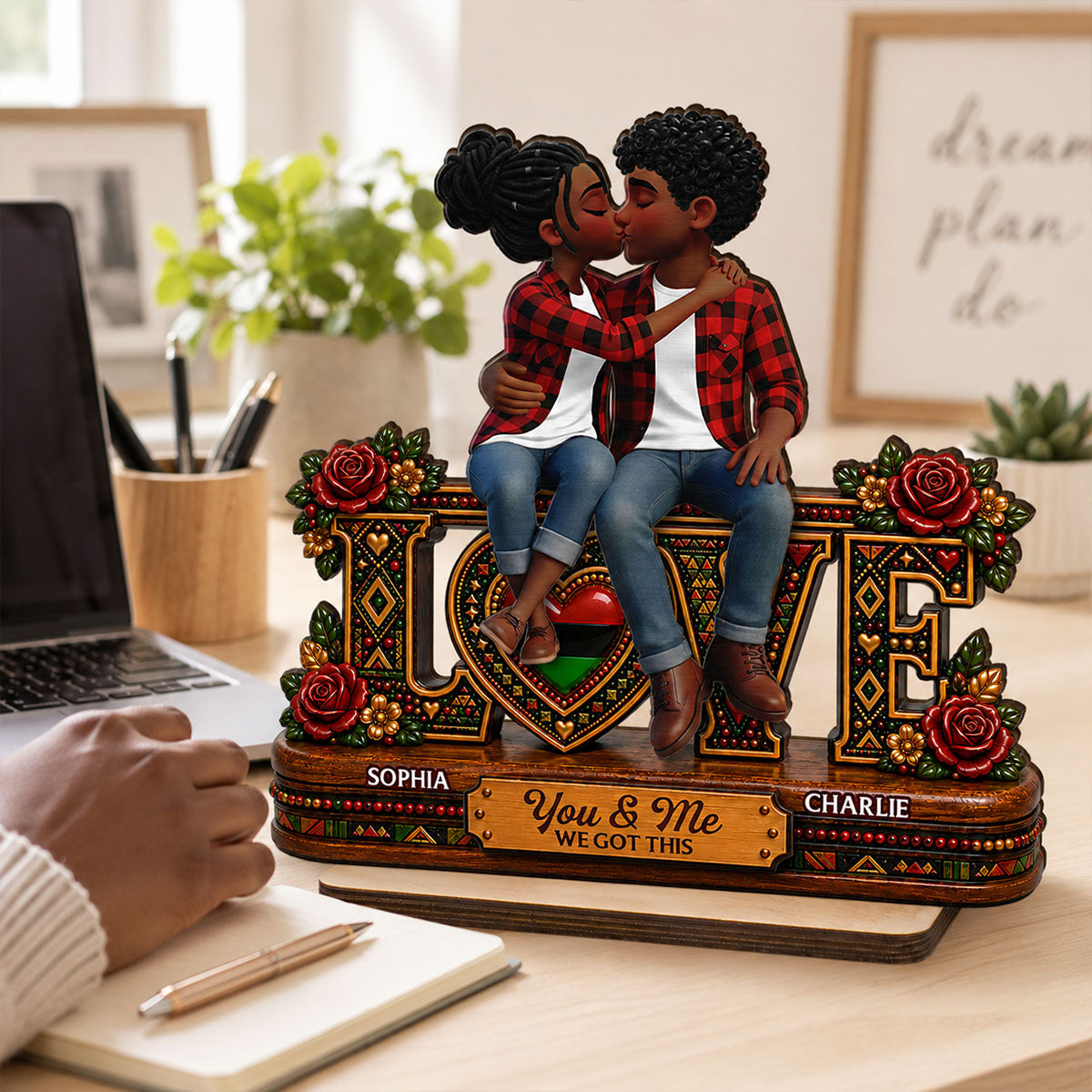 Tribal Pattern Eternal Love Couple Together - Personalized 2-Layered Wooden Plaque - Anniversary Gift For Couple