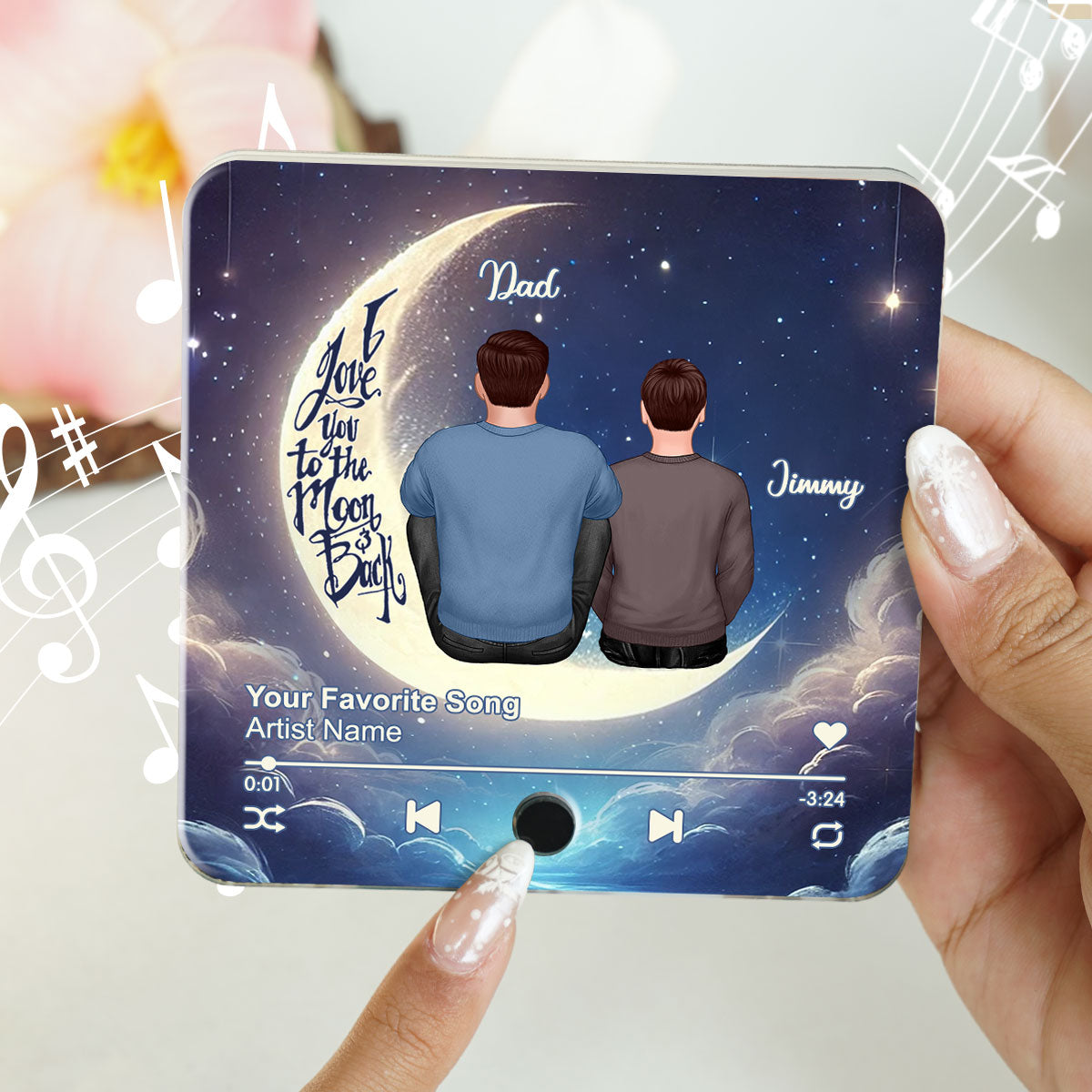 Papa Grandpa & Kids Sitting On Moon Personalized Music Fridge Magnet, Perfect 2025 Father's Day Gift For Husband, For Dad, For Grandpa