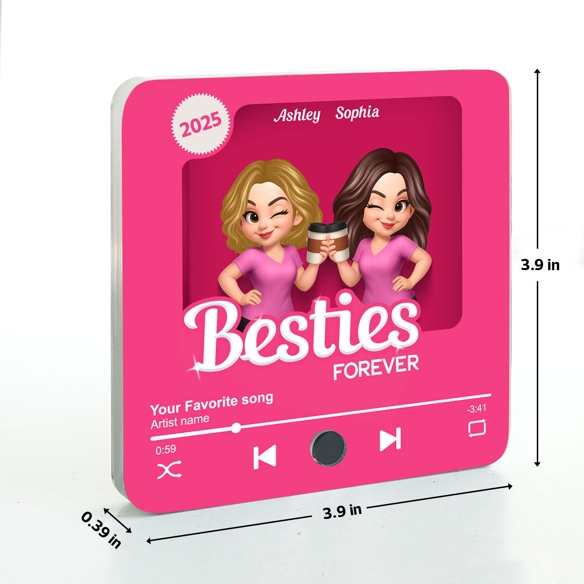 Besties Partner In Crime Pink 3D Effect Action Figure - Personalized Music Fridge Magnet