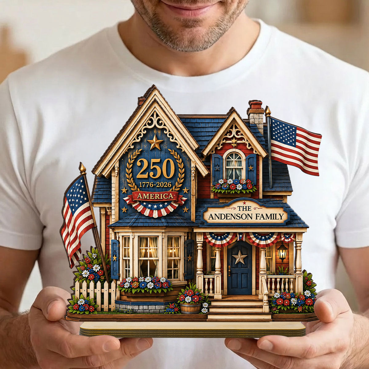 Custom House USA 250th Anniversary - Personalized 2-Layered Wooden Plaque - Patriotic Shelf Decor for Independence Day