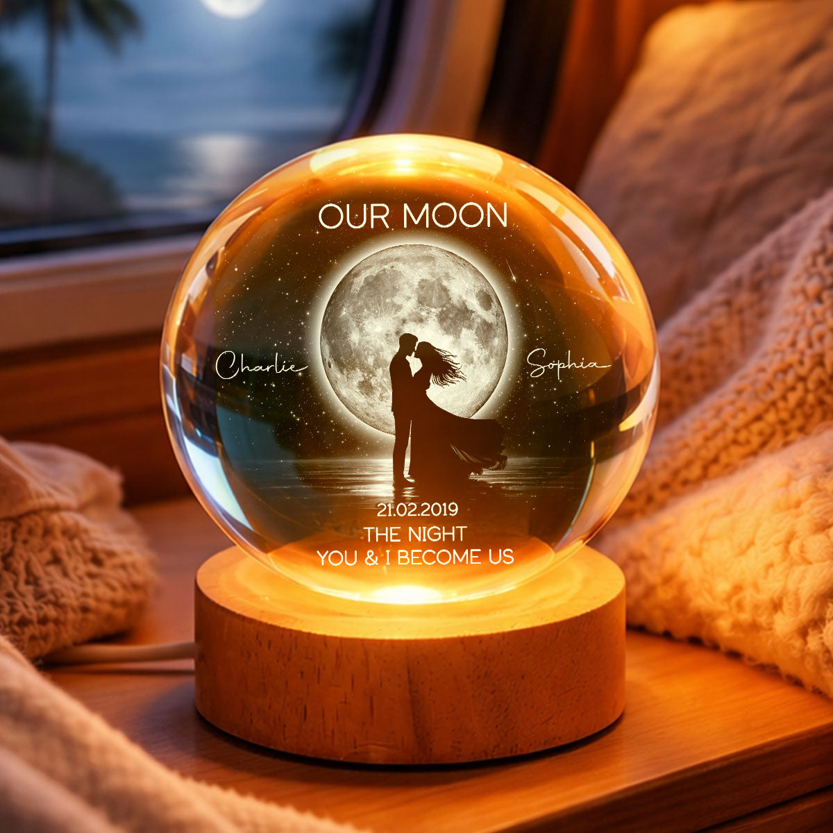 Couple Kissing Under the Moonlight, Custom Moon Phase by Date - Personalized Crystal Ball LED Night Light - Sentimental Gift for Her, for Him