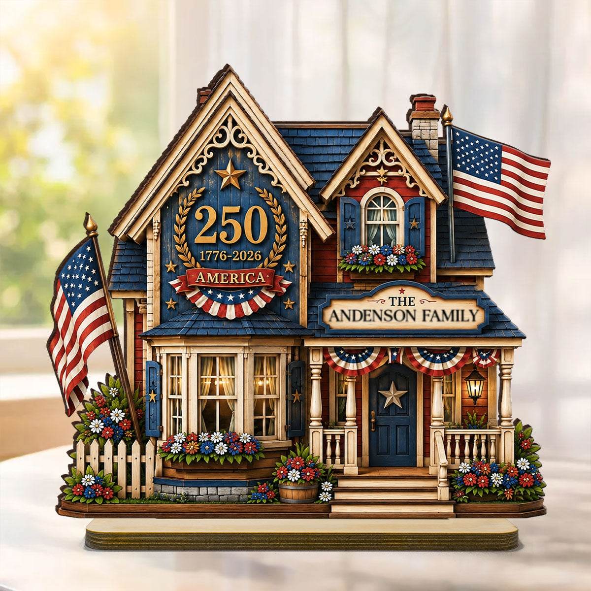 Custom House USA 250th Anniversary - Personalized 2-Layered Wooden Plaque - Patriotic Shelf Decor for Independence Day