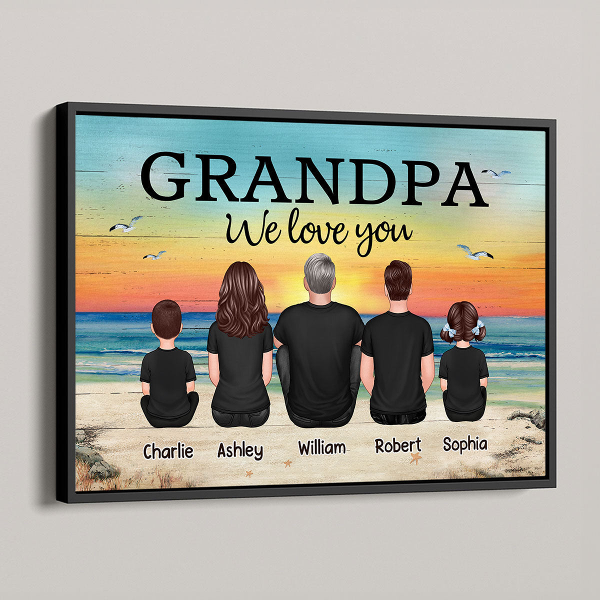Grandpa And Grandsons Granddaughters Retro Vintage Beach Landscape Personalized Poster| Heartfelt Father's Day Gift For Grandpa From Grandkids