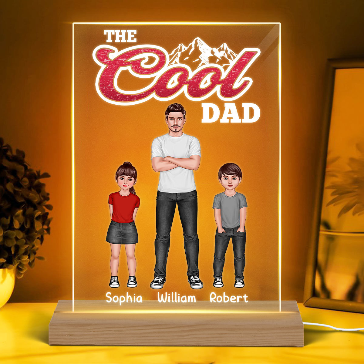 The Cool Dad Man And Kids Standing Front View Personalized Rectangle Acrylic LED Night Light